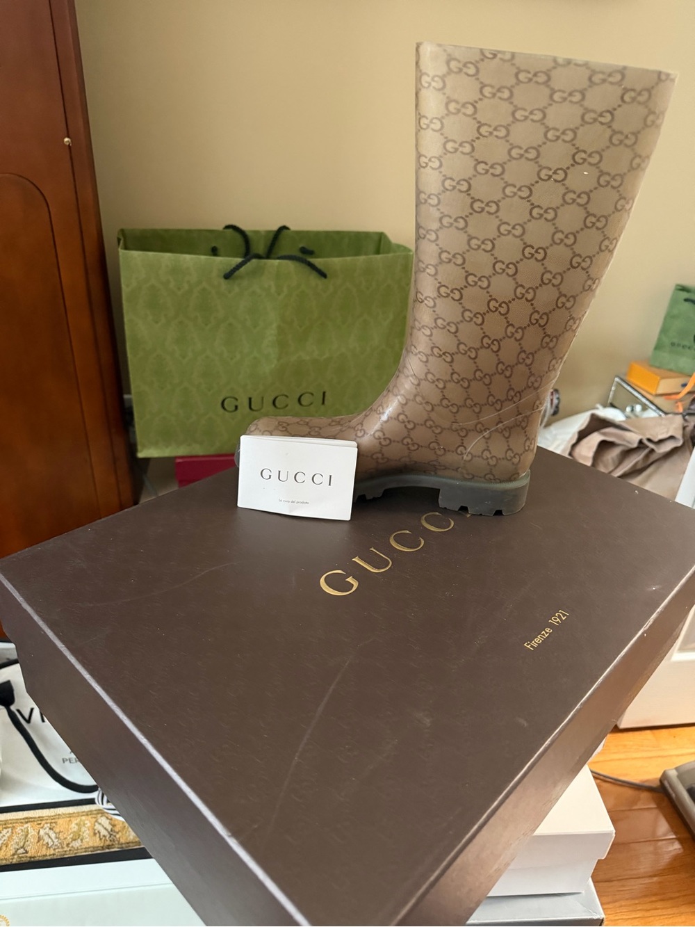 Gucci Beige/Brown GG Monogram Rain Boot - Men Accessories